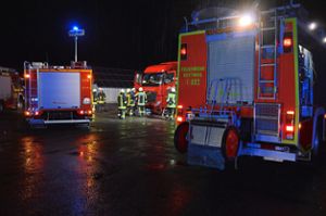 Rund 40 Einsatzkräfte, darunter Feuerwehren aus Herrenzimmern und Rottweil, helfen dem Lastwagenfahrer. Foto: Cools