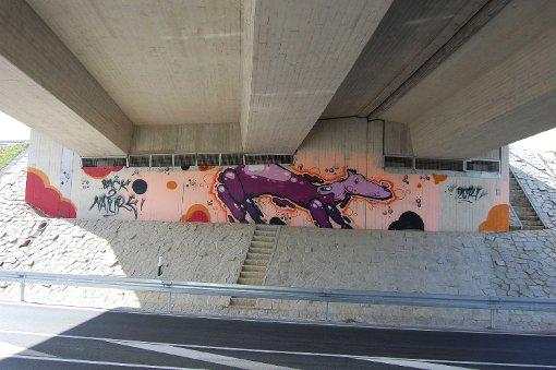 Auf einer Breite von 20 Metern ist das Widerlager der Brücke mit Farbe verschmiert. Foto: Polizei