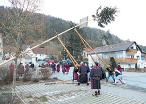 Unterschwandorfs Narrenzunft stellte  einen Narrenbaum  auf dem Dorfplatz auf.  Foto: Stadler Foto: Schwarzwälder Bote