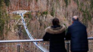 Menschen stehen auf der „Blackforestline“, einer Hängebrücke. Nach dem Erfolg der „Blackforestline“ im Schwarzwaldort Todtnau wächst in Rottweil die Hoffnung auf die eigene Hängebrücke . Foto: Philipp von Ditfurth/dpa