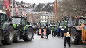 Traktoren, wohin das Auge reicht: Die riesige Kolonne hat am Donnerstag die gesamte Stuttgarter Innenstadt in Beschlag genommen, auch die Planie. Foto: Lichtgut/Leif Piechowski