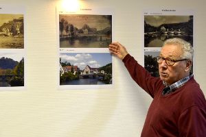 Postkarten von früher, Fotografien von heute. Das ist der Spannungsbogen der Ausstellung im Rathaus in  Sulz. Foto: Wagner Foto: Schwarzwälder-Bote