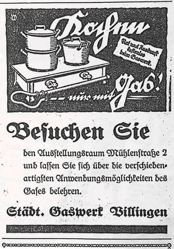 Gas-Werbung im Villinger Bott, dem Anzeigenblatt von 1928: Kochen mit Gas aus Kohle.  Foto: Bräun Foto: Schwarzwälder Bote