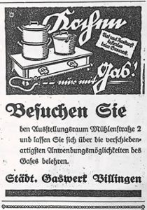 Gas-Werbung im Villinger Bott, dem Anzeigenblatt von 1928: Kochen mit Gas aus Kohle.  Foto: Bräun Foto: Schwarzwälder Bote
