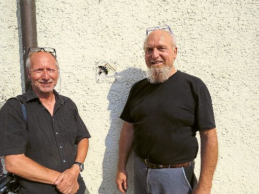 Herbert Fuchs (links) vom NABU Haigerloch und Ivo Lavetti bringen an Lavettis Gebäude, der ehemaligen Strickerei Edelmann &  Amann, die Plakette Schwalbenfreundliches Haus an.  Foto: Fechter Foto: Schwarzwälder-Bote