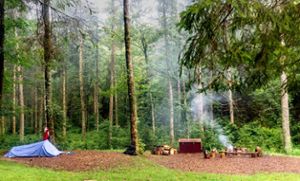 Das Wildniscamp Gutellbach zwischen Kniebis und Baiersbronn: Und einsam raucht das Feuer.  Foto: Faltin