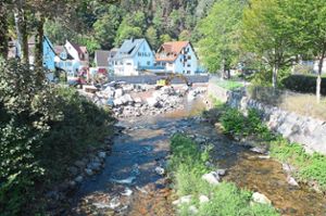 Mit zwei Baggern werden die großen Steinblöcke im Flussbett der Schiltach bewegt. Foto: Fritsche Foto: Schwarzwälder Bote