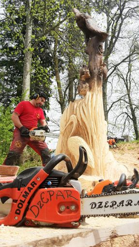 Boris Dzepar aus Dornhan setzt sein  künstlerisches Können ein, um aus den drei verbliebenen Baumstämmen beim Hochbehälter themenbezogene Kunstwerke zu sägen. Foto: Schatz Foto: Schwarzwälder Bote