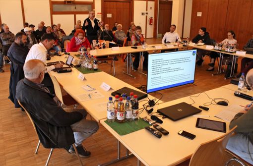 Vertrauensmann Ulrich Keller, am Mikrofon, erläutert dem Gemeinderatsgremium die Gründe für das Bürgerbegehren Foto: Gegenheimer