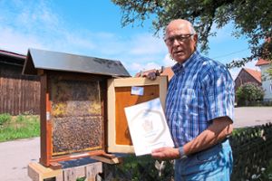 Horst Huber vor seinem Schaubienenkasten mit der goldenen Urkunde für den prämierten Weißtannen-Fichten-Honig. Fotos: Buck Foto: Schwarzwälder Bote