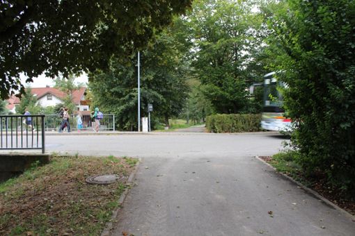 Die Gefahrenstelle Daimlerstraße, vom Fußweg am Mühlbach aus gesehen: Der Spielplatz befindet sich hinter dem Bus und der Hecke. Foto: Fahrland Foto: Schwarzwälder Bote