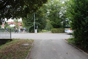 Die Gefahrenstelle Daimlerstraße, vom Fußweg am Mühlbach aus gesehen: Der Spielplatz befindet sich hinter dem Bus und der Hecke. Foto: Fahrland Foto: Schwarzwälder Bote