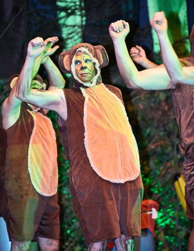Beim Affentanz der Latschi-Tänzer macht Hüfingens Stadtpfarrer Manuel Grimm (links) eine gute Figur. Und als tanzende Janes bringen die Kolpingtöchter (rechts) einen bunten Farbtupfer ins Dschungelprogramm des Hüfinger Kolpingballs. Fotos Sigwart Foto: Schwarzwälder Bote