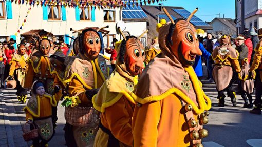 Die Hummel ist die Narrenfigur in Weilen. Am Rosenmontag tanzen die freundlichen Narren auf dem Dorfplatz ihre „Polonaise“. Am Wochenende feiert die Zunft ihr 60-jähriges Bestehen. Foto: Archiv/Schweizer
