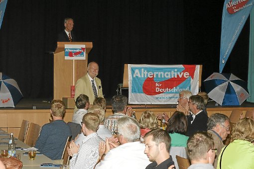 Joachim Starbatty (stehend) sprach bei einer Veranstaltung der AdF in Nagold. Foto: Kuhn Foto: Schwarzwälder-Bote