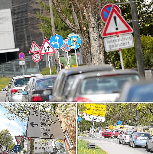 Die Änderung der Verkehrsführung wird in der Schwedendammstraße mit einem Schilderwald erklärt. Seit neustem sollen Fahrzeuge aus der Parkgarage der Tonhalle über Marbach auf die B33 fahren (links). Derweil wird das verbotene Rechtsabbiegen an der Baustelle verstärkt kontrolliert. Foto: Eich