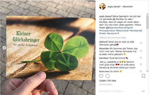 Angi Wehrmann bekam eine Glückwunschkarte ihrer Stammzellenspenderin geschickt. Foto: Screenshot Instagram