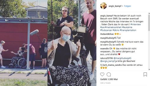 Nach der Knochenmark-Transplantation darf Angela Wehrmann („Angi“) aus Rangendingen das erste Mal wieder nach draußen. Die Leukämie-Patientin ist in der SWR-Landesschau zu sehen gewesen.  Foto: Screenshot Instagram