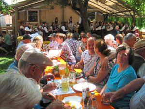 Viele Festbesucher nutzen beim Unadinger Gartenfest den reichhaltigen Mittagstisch, im Hintergrund spielt der Musikverein Bachheim.  Foto: Rosenstiel Foto: Schwarzwälder Bote