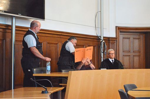 Bei der Urteilsverkündung  am Donnerstag verbirgt die 57-Jährige ihr Gesicht hinter Aktendeckeln. Foto: Dold Foto: Schwarzwälder Bote