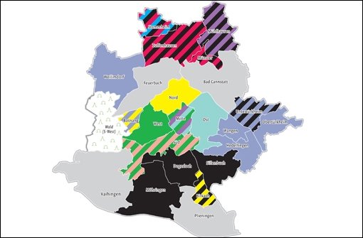 Das sind die Farbenspiele auf der politischen Stadtkarte für die Kommunalwahl. Klicken Sie sich durch die einzelnen Stadtbezirke. Foto: Lange/StN