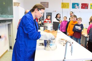 Mit flüssigem Stickstoff zeigt eine der Lehrerinnen, wie man gefrorene Schokoküsse herstellen kann. Foto: Strohmeier Foto: Schwarzwälder Bote