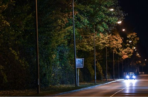 Eine Straße und die angrenzende Grünanlage im Industriegebiet Nord hinter einem Diskothekenareal wird nachts von Straßenlaternen erleuchtet. Foto: dpa