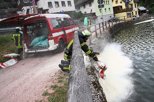 Mit schwimmfähigem Ölbindemittel versucht die Feuerwehr Triberg am Montagabend den Bergsee von seinem Ölfilm zu befreien. Foto: Börsig-Kienzler