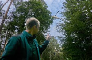 Carsten Hertel vom Forstamt zeigt auf den Helikopter: Pilot Paul Buchner hebt mal wieder ab, um den Kalk im Stadtwald zu verteilen Foto: Jürgen Lück