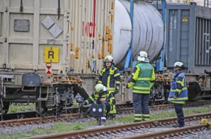 Feuerwehrleute untersuchen den Zug, an dem es eine starke Rauchentwicklung gegeben haben soll. Foto: Einsatz-Report 24/Moser