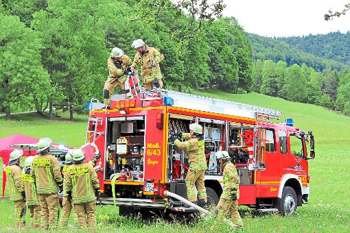Eifrig bei der Sache: Die Feuerwehrkameraden aus Tieringen während der Großübung am Lochenstein.   Foto: Breisinger