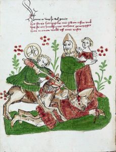 Diese Illustration zeigt Wigalois im Kampf mit einem Riesen. Foto: Schwarzwälder Bote