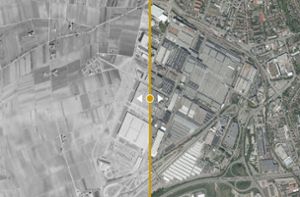 Das Daimlerwerk Sindelfingen ist seit 1968 (linkes Bild) massiv Richtung Westen expandiert. Wie sich Bosch, Kärcher und andere Firmen ähnlich stark ausgebreitet haben, zeigt die Bilderstrecke. Foto: Landesarchiv/LGL, Montage: Plavec