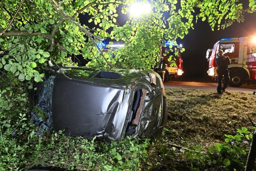 Massiv beschädigt liegt der Mitsubishi im Unterholz. Drei junge Männer wurden bei dem Unfall verletzt. Foto: Maier