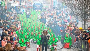 Die Hexen bieten ein schaurig-grünes Bild ab, während die Massen die Umzugsstrecke in der Villinger Innenstadt säumten. Foto: Marc Eich