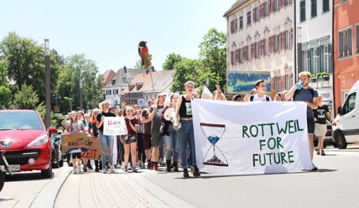 Die Demonstranten sorgen für eine autofreie Hochbrücktorstraße (großes Bild). Auch OB Ralf Broß ergreift die Gelegenheit und sagt ein paar Worte (Bild unten, links). Unter den Aktivisten befinden sich nicht nur Schüler.  Foto: Alt