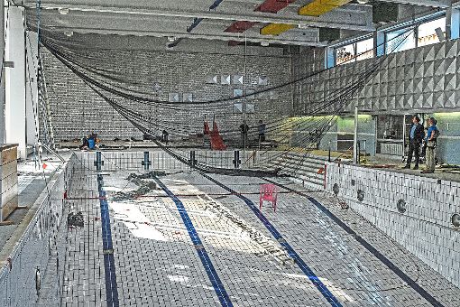 Das Netz war im September unter der baufälligen Decke des Hallenbades aufgehängt worden, damit die Badesaison in diesem Wintergesichert ablaufen konnte. Foto: Stadt Kehl