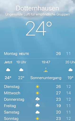 Auf der Wetter-App steht: Dotternhausen – Ungesunde Luft für empfindliche Gruppen. Foto: Privat