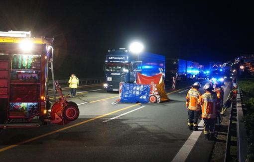 Nach einem Unfall auf der Autobahn 81 bei Mundelsheim stehen Feuerwehrleute auf der Fahrbahn. Eine Frau wurde angefahren und tödlich verletzt.  Foto: dpa