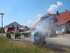 Wasser marsch: Mit Feuereifer bekämpfen Mitglieder der Kinderfeuerwehr in Bickelsberg einen Übungsbrand. Foto: May Foto: Schwarzwälder-Bote