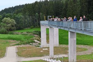 Nein, das ist nicht etwa die halbfertige Hängebrücke: Der Gemeinderat besichtigt  die neuen baulichen Anlagen beim Hochwasser-Rückhaltebecken in Neufra. Fotos: Otto Foto: Schwarzwälder Bote