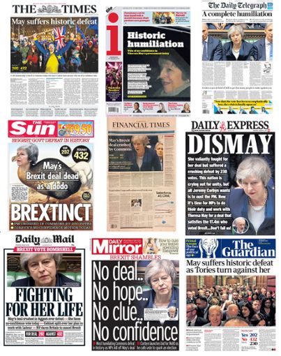 Die Titelseiten von britischen Tageszeitungen am Tag nach der Abstimmung über den Brexit-Deal. Foto: Pa/Press Association Images/dpa