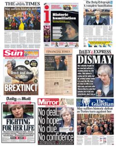 Die Titelseiten von britischen Tageszeitungen am Tag nach der Abstimmung über den Brexit-Deal. Foto: Pa/Press Association Images/dpa