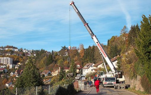 Hier war am Samstag kein Durchkommen mehr: mit Hilfe eines 100-Tonnen-Autokrans des Pforzheimer Kranverleihs Rothmund wurde auf Höhe der Alten Pforzheimer Straße 90/92 ein Baukran aufgestellt. Foto: Helbig