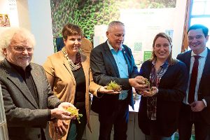 Thomas Blenke (Mitte) überreichte symbolisch eine Handvoll Sporenpflanzen an Kristina Schreier, assistiert von Friedebert Keck, Sylvia Felder und Klaus Mack (von links).  Foto: Schabert