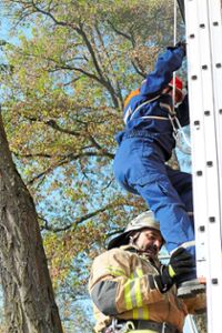 Einsatzkräfte retten Personen aus luftiger Höhe über die Steckleiter. Foto: Schwarzwälder Bote