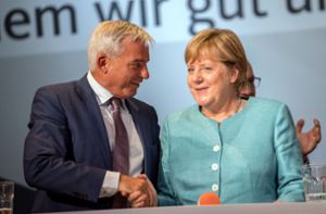 CDU-Landeschef Thomas Strobl zeigt sich gern mit der Kanzlerin – hier in Heilbronn Mitte August Foto: dpa