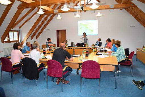 Bürgermeisterin Monique Adrian erläutert in der Sitzung des Gemeinderats, um welche Fläche der Plettenberg-Steinbruch erweitert werden soll.  Foto: Visel