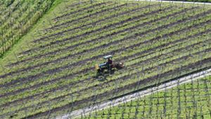 Ein Winzer bearbeitet in einem Weinberg in Stuttgart mit einem Traktor den Boden. Nach Frostnächten fürchten Winzer und Obstbauern Ernteausfälle. Foto: Bernd Weißbrod/dpa