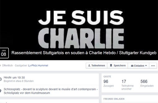 Je suis Charlie: Am Donnerstagabend treffen sich auf dem Schlossplatz in Stuttgart Menschen, um nach dem schrecklichen Anschlag auf das französische Satiremagazin Charlie Hebdo für Meinungsfreiheit und gegen Fundamentalismus zu demonstrieren. Foto: Facebook-Screenshot